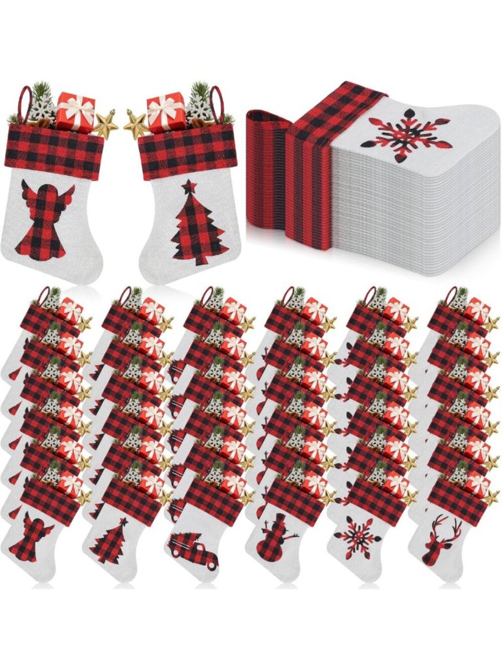 60-Pack Mini Christmas Stockings | 7.8" Red Black Buffalo Plaid Holiday Decor